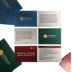 Six cards displayed flat showing example questions inlcuded within the game.