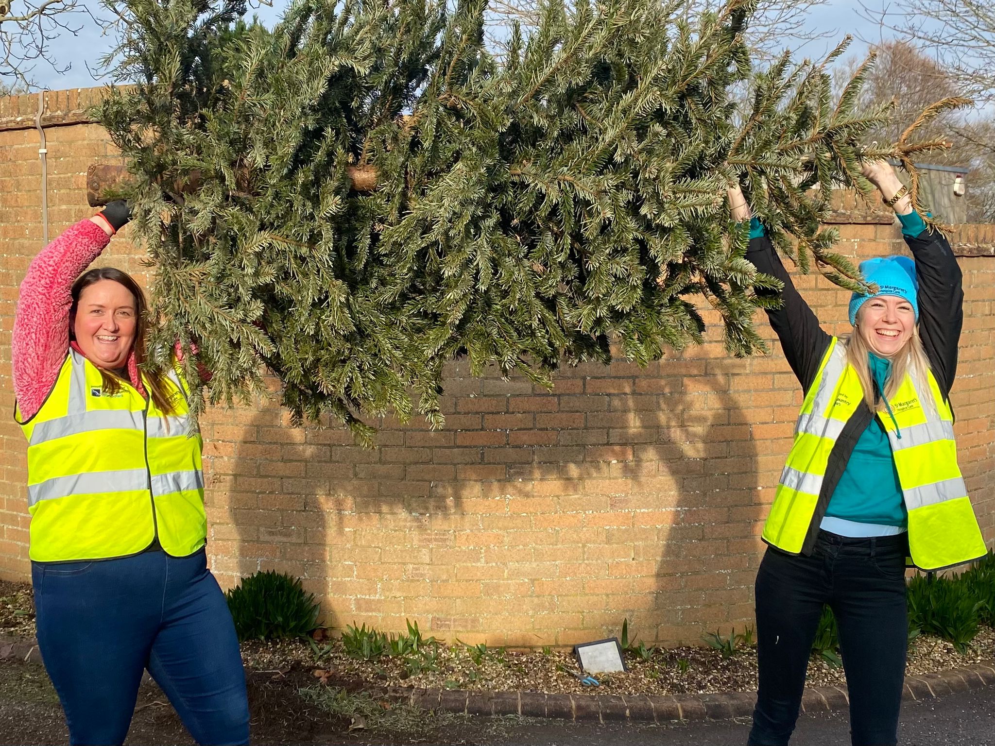 two females hoist a Christmas tree above their heads.
