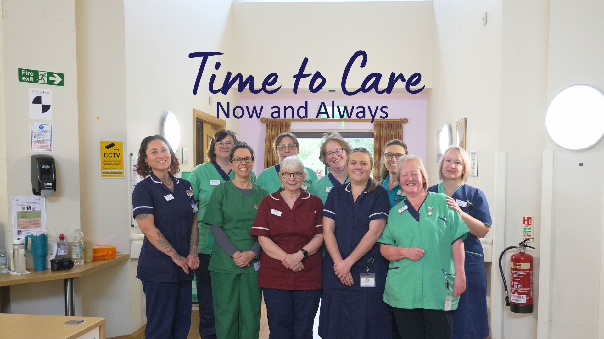 nurses stood together with time to care now and always written above their heads