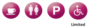 refreshments available, toilets available, parking available, limited disabled / pushchair access