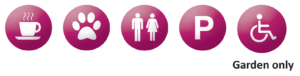 refreshments available, dogs welcome on leads, toilets available, parking available, wheelchair / pushchair access in the garden only