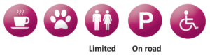 refreshments available, dogs welcome on leads, limited toilets, parking on road, wheelchair / pushchair access