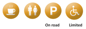 refreshments available, toilets available, parking on road, limited wheelchair / pushchair access