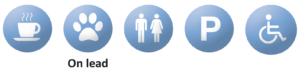 refreshments available, dogs welcome on lead, toilets available, parking available, wheelchair / pushchair access