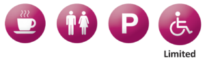 refreshments available, toilets available, parking available, limited wheelchair / pushchair access