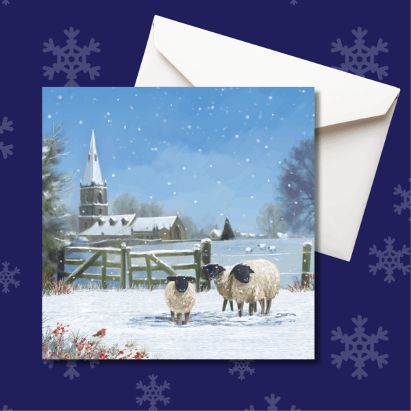 Christmas cards featuring sheep and church