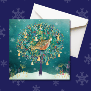 Christmas card featuring partridge in a pear tree