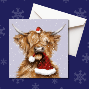 Christmas card featuring highland cow with robin