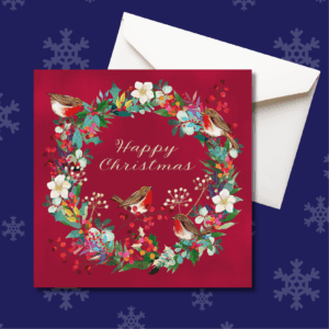 Christmas card with wreath and robins