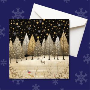 Christmas card with golden trees and stars