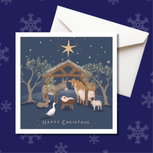Christmas cards featuring a manger and animals
