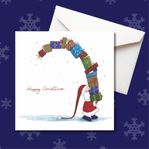 Christmas card featuring santa holding presents