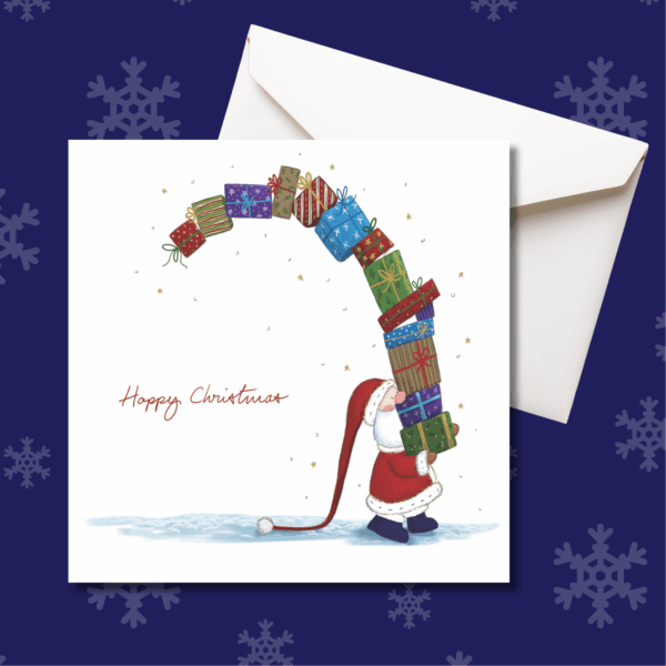 Christmas card featuring santa holding presents