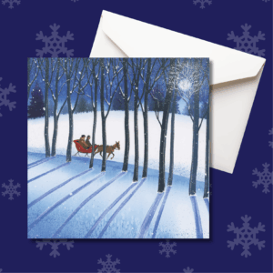 Christmas card featuring sleigh going through forest
