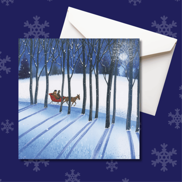 Christmas card featuring sleigh going through forest