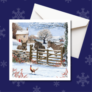 Christmas card featuring donkeys at gates with pheasant