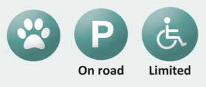 Dogs welcome on leads, parking on road, limited disabled / pushchair access
