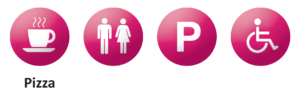 pizza available, toilets available, parking available, wheelchair / pushchair access