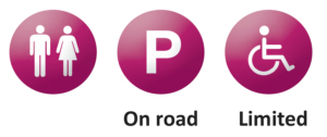 Toilets available, parking on road, limited disabled / pushchair access
