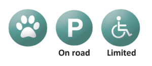 Dogs welcome on leads, parking on road, limited disabled / pushchair access