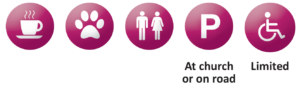 refreshments available, dogs welcome on leads, toilets available, parking at church or on road, limited wheelchair / pushchair access
