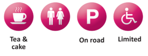 tea and cake available, toilets available, parking on road, limited wheelchair / pushchair access