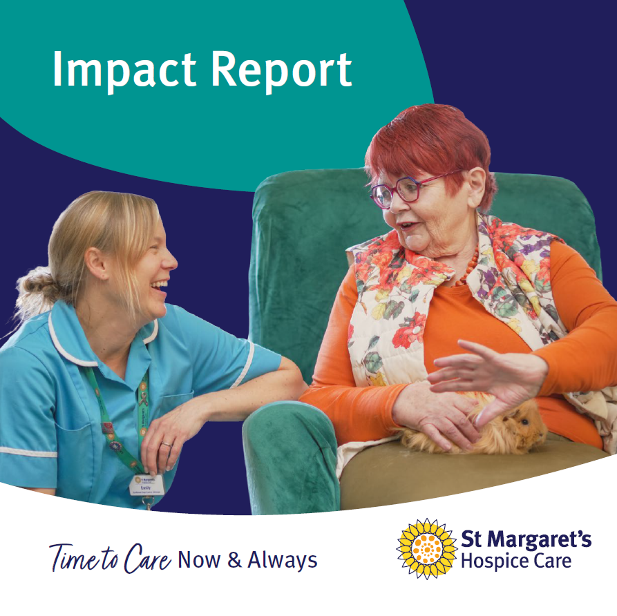Nurse sitting and talking with a patient as shown on the St Margaret’s Hospice Care Impact Report cover